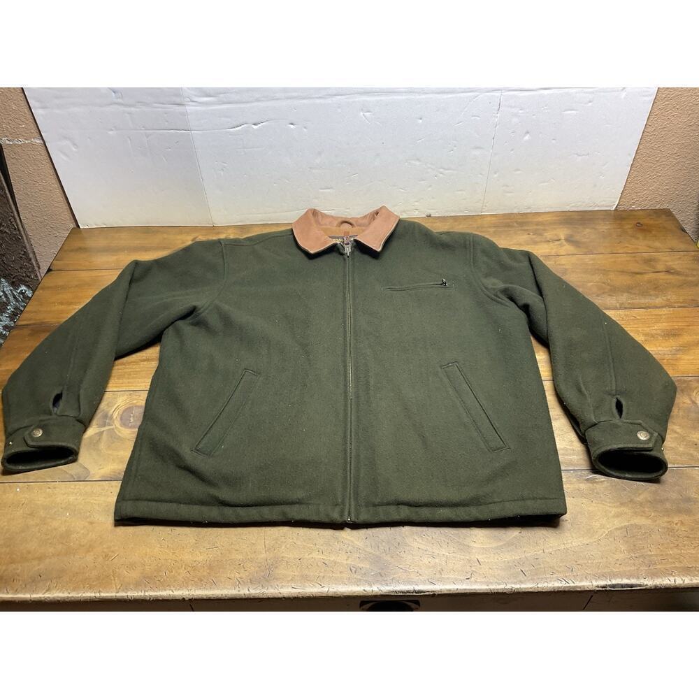Woolrich Jacket Mens Large Green Loden Heather Wool Blend Leather Collar Coat